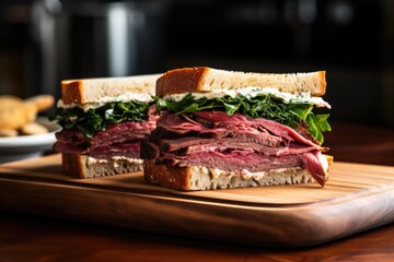 Wall Mural - sourdough sandwich with rare roast beef slices
