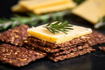 Canvas Print - zoomed view of rye cracker with shredded colby cheese on it