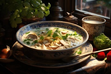 Wall Mural - A bowl of Tom Kha Gai, a mild and creamy coconut milk soup with chicken, mushrooms, and galangal