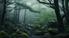 A Dense, Misty Forest Shrouded In Mystery