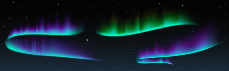 Northern aurora, polar borealis light sky vector isolated on transparent background. Green, blue and purple abstract gradient for astronomy night overlay texture. Nordic luminescence reflection