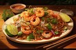 A close-up of a bowl of Pad Thai with shrimp, chicken, or tofu, bean sprouts, peanuts, and a lime wedge