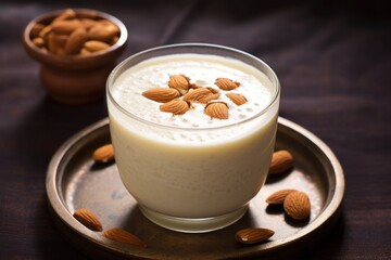 Poster - close-up view of badam milk garnished with almonds