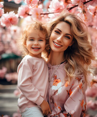 happy vogue fashion mother with daughter in bright solid light color clothes in the park