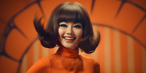 studio portrait of happy Asian woman, 1960s fashion