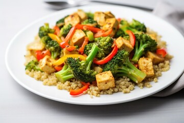 Sticker - tofu and quinoa stir-fry on a white plate