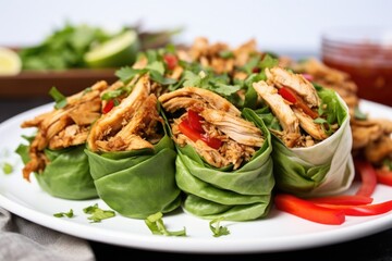 Poster - side-view of multilayered turkey lettuce wraps on a plate