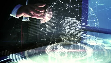 Poster - Animation of globe of network of connections on mid section of businesswoman using futuristic screen
