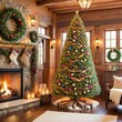 a decorated christmas tree in a living room,luxurious wooden cottage, full scene shot, colorful trees