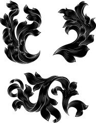A set of crest or coat of arms filigree scroll heraldic or heraldry floral pattern designs. Like those from a medieval baroque royal crest, in a woodcut etching style