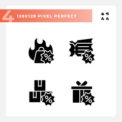 Sticker - 2D pixel perfect glyph style icons set representing discounts, solid illustration.