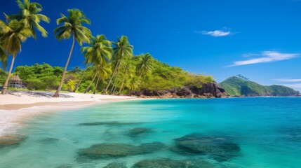 Sticker - A tropical beach with palm trees and clear blue waters