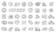 Speed icons set in line design. Fast, Speedometer, Rapid, Quick, Slow, Low speed, Run, Velocity, Turbo, Arrows, Quickness, High speed vector illustrations. Editable stroke icons