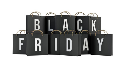 Wall Mural - Black Friday shopping bags isolated on transparent background. 3D illustration