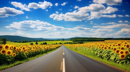 A rural road passing through blooming sunflower fields