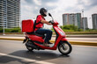 © ty - Man courier using a on a red moped with a cube-shaped delivery bag moving fast on motorway road in city urban to find the delivery address