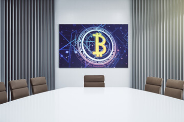 Aufkleber - Creative Bitcoin symbol hologram on presentation monitor in a modern boardroom. Mining and blockchain concept. 3D Rendering
