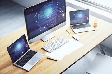 Poster - Modern computer monitor with creative artificial Intelligence symbol. Neural networks and machine learning concept. 3D Rendering