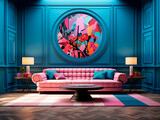Fototapeta Do akwarium - Salon decorado maximalista - Estilo pop colorido - Sofa rosa y decoracion 
