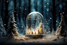 A Background Image With A Christmas Theme, Showcasing A Snow Globe With A Charming Miniature Snowy Forest Scene Both Inside And Outside The Globe. Photorealistic Illustration