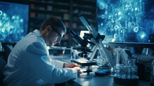 Scientist In Laboratory Using Microscope