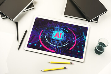 Poster - Top view of modern digital tablet screen with creative artificial Intelligence abbreviation. Future technology and AI concept. 3D Rendering