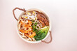 Jjampong is Red Spicy Seafood Korean Noodle Soup with Vegetable, Shrimp, Octopus  and Clam.