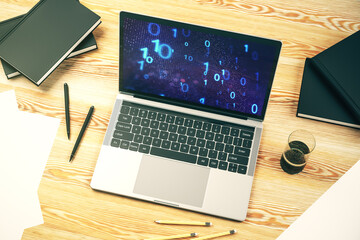 Poster - Creative abstract binary code sketch on modern laptop monitor, hacking and matrix concept. 3D Rendering
