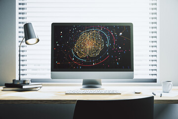 Poster - Modern computer monitor with creative artificial Intelligence symbol. Neural networks and machine learning concept. 3D Rendering