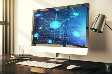 Poster - Modern computer monitor with creative lock hologram and chip. Information security concept. 3D Rendering