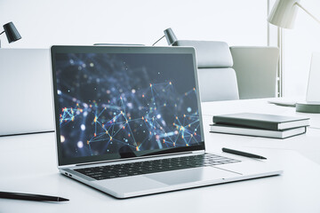 Poster - Creative abstract wireless technology hologram on modern computer monitor, artificial intelligence and machine learning concept. 3D Rendering