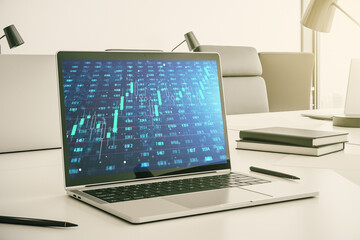 Poster - Stats data illustration on modern laptop monitor, computing and analytics concept. 3D Rendering