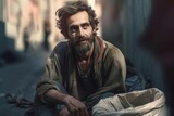 Fototapeta  - Beggar man wearing dirty clothes. Lonely poor homeless man siting on street. Generate ai