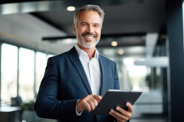 portrait of professional businessman standing in office. Happy middle aged businessman ceo wearing suit standing in office using digital tablet.