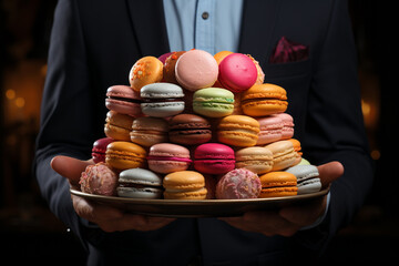 Aufkleber - a man holding a cake adorned with macarons, 