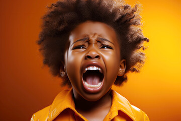 black child boy screaming on yellow isolated background