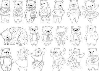 Wall Mural - bears character collection, set, line drawing, sketch isolated vector