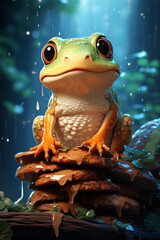 Fototapete - an frog in a bun holding a cookie sandwich, 