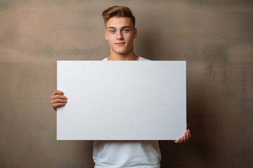 Young Businessman holding an empty board in his Chest area from his one hand in a minimalist copy space background, Happy young man holding blank board, Portrait of a smiling boy holding a white board