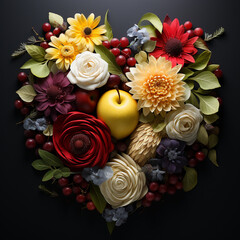 Poster - An elegant composition of sliced pear and apple forming a delicate heart shape, capturing the essence of natural sweetness.  