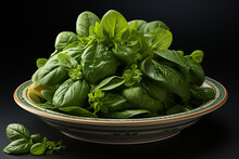 A Balanced Composition Of A Few Baby Spinach Leaves Arranged On A White Plate, Capturing The Beauty Of Simplicity. 
