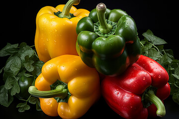 Aufkleber - A minimal shot of a trio of bell peppers - red, green, and yellow - showcased against a clean background. 