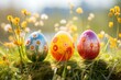 Bunte Ostereier auf Wiese im Sonnenschein: Fröhliches Osterfest