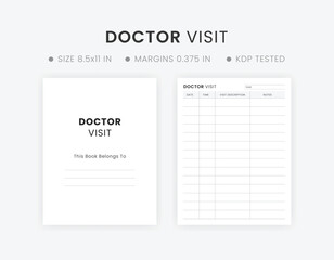  Doctor Visit Tracker Note Template, Printable Doctor Visitation Log Book KDP Interior Letter Size Planner 