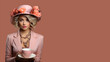 girl with a cup of coffee, Woman in Quirky Hat Enjoys Mad Tea Party - Upper Body Portrait with Copyspace on Pastel Background, Copyspace, Banner type, fashion photography