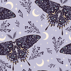 Wall Mural - seamless purple pattern with space butterfly, herbs, stars and berries. contemporary composition. tr