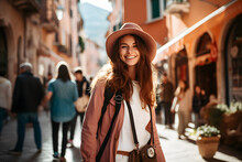Young Woman  Traveller Alone, She Explores An Enchanting Old Town During Her Holiday Abroad, Haapy Holiday