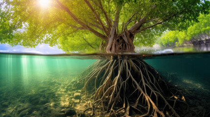 mangrove tree and roots under water surface green foliage. mangrove forest.