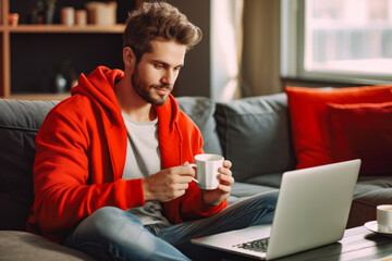 Wall Mural - Young handsome freelancer man working from home wearing a red sweater. Young freelance entrepreneur working on his computer sitting on sofa.