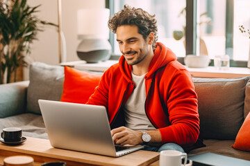 Wall Mural - Young handsome freelancer man working from home wearing a red sweater. Young freelance entrepreneur working on his computer sitting on sofa.